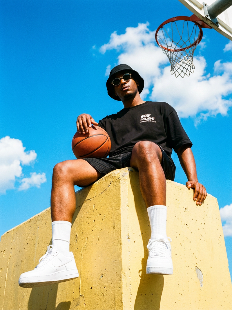 Person sitting on a basketball court holding a basketball with a clear blue sky in the background