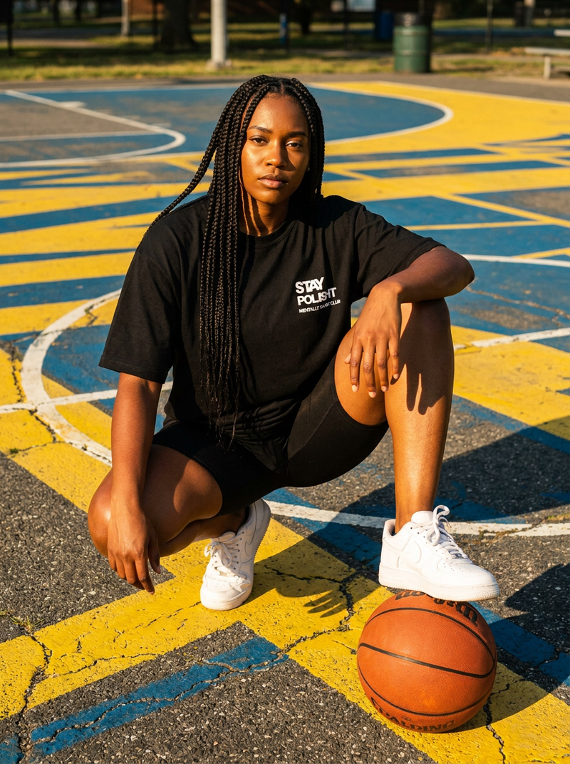 Person posing with a basketball on a colorful outdoor court